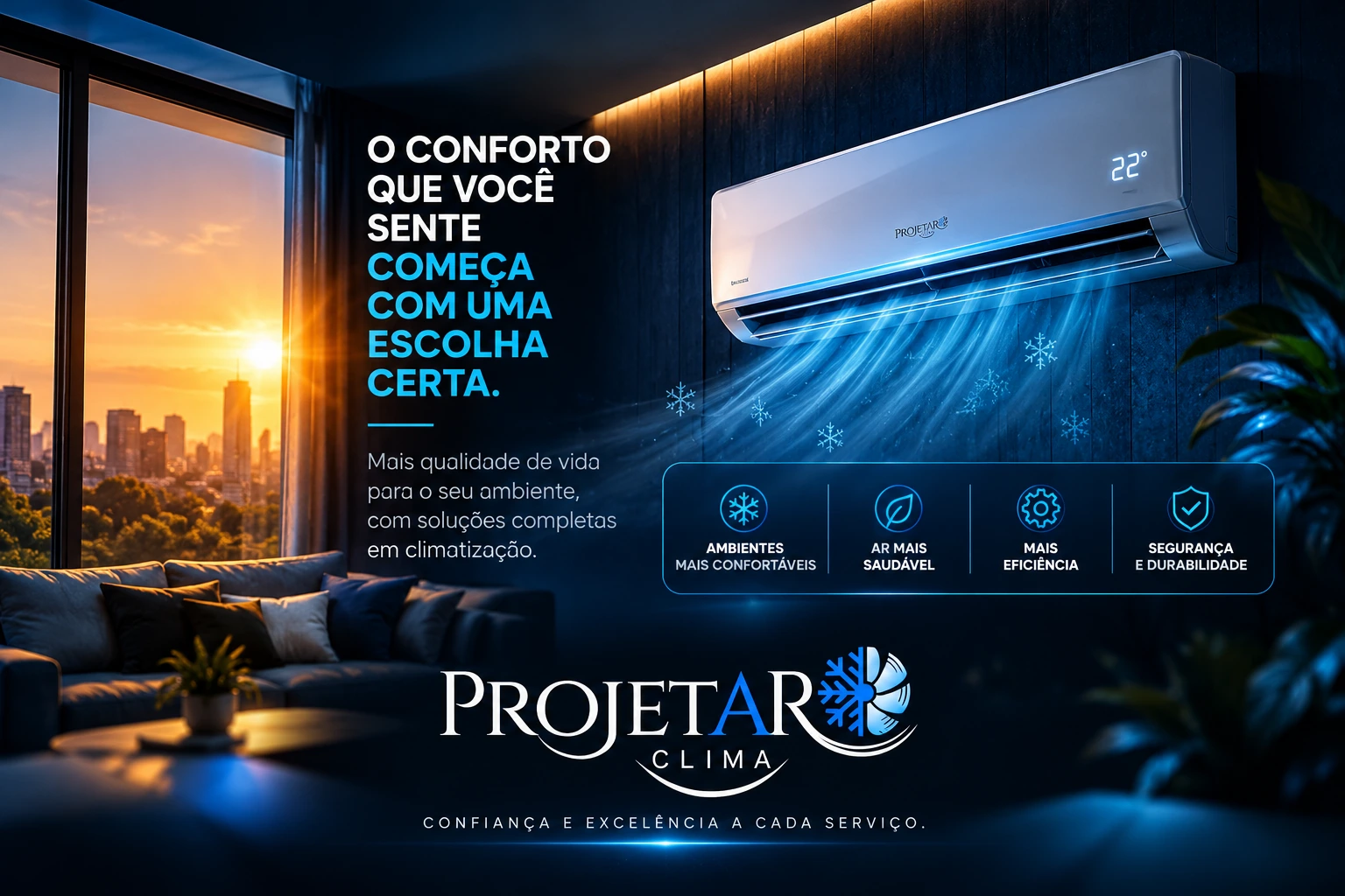 Arte da Projetar Clima: o conforto que você sente começa com uma escolha certa, mostrando um ambiente climatizado e benefícios do ar-condicionado